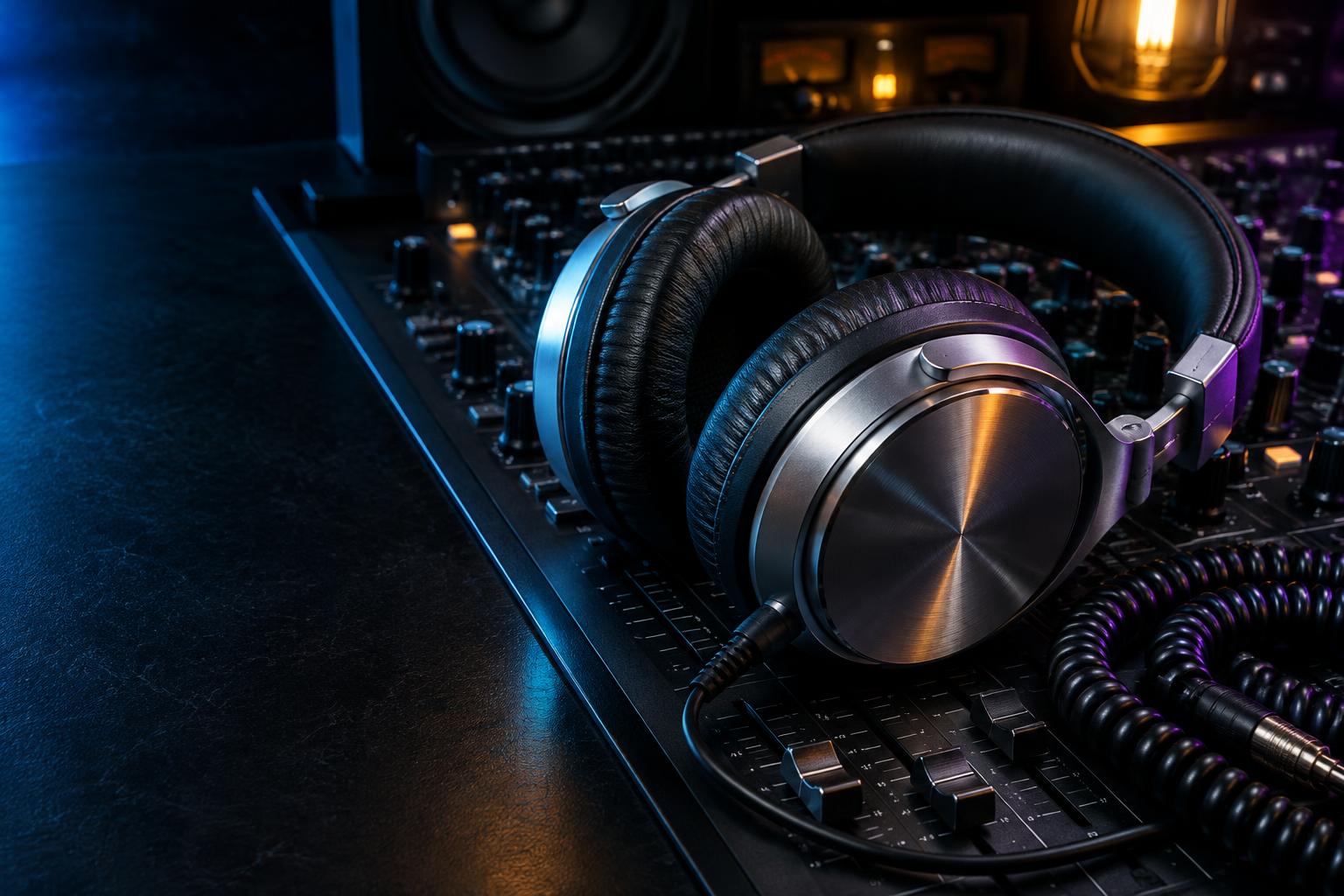 Detalhes de fones de ouvido sobre uma mesa de áudio profissional