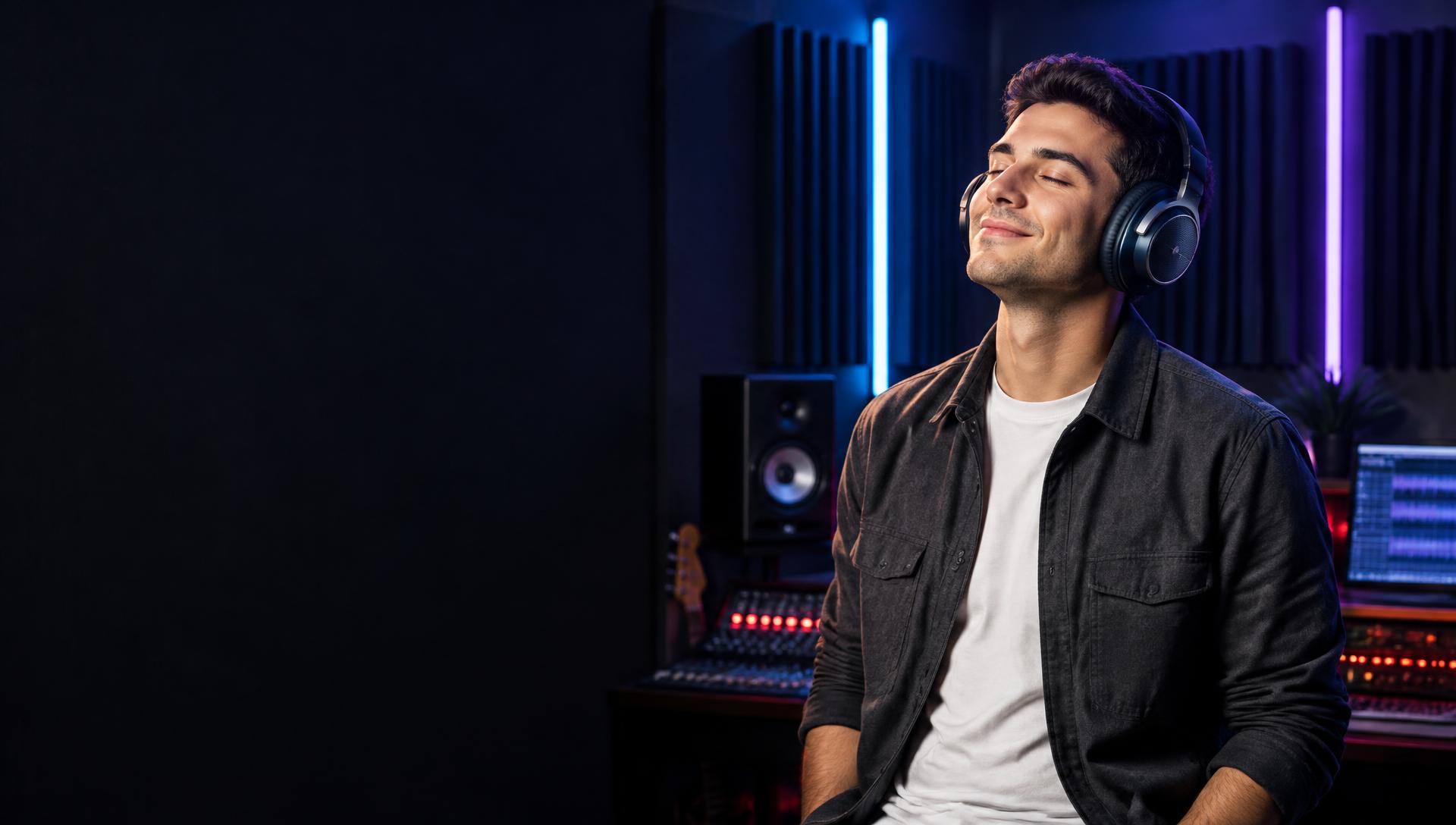 Homem curtindo música com fones de ouvido em um estúdio iluminado em neon